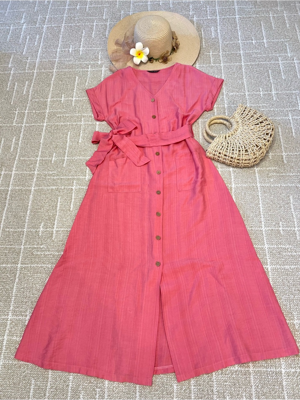 Women's Fuchsia Button-Front Maxi Dress with Pockets!